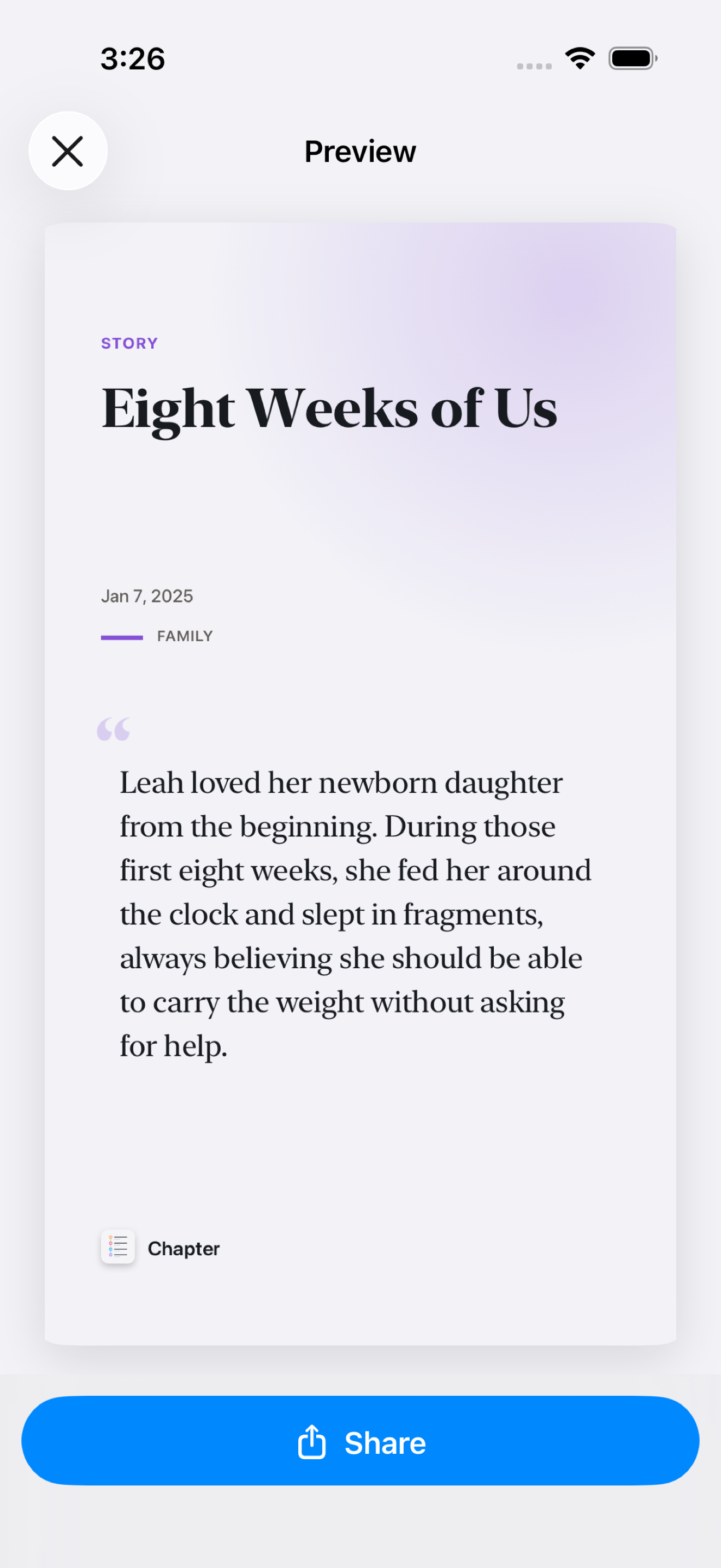 Preview a polished branded Chapter story image before sharing it